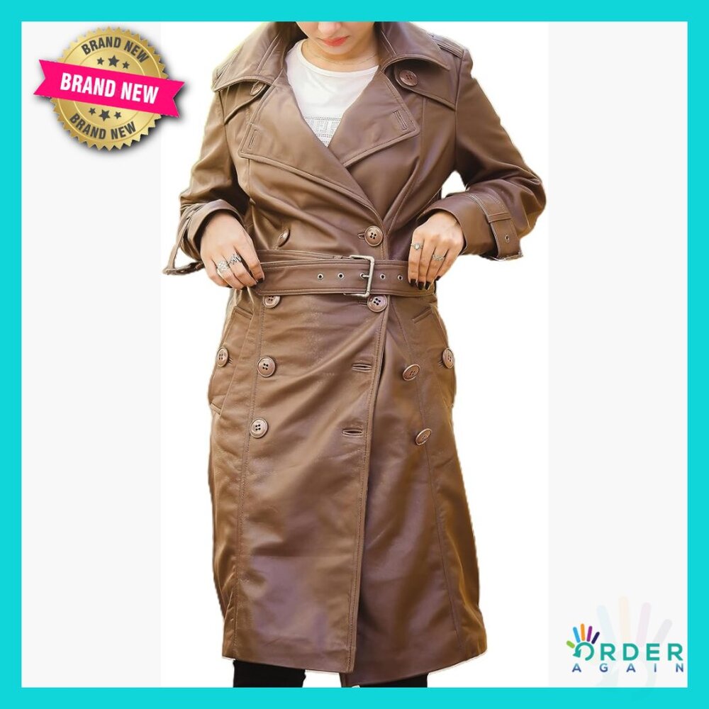 Classic Trench Coat Leather Long Jacket Women Double Breasted Belted Elegant